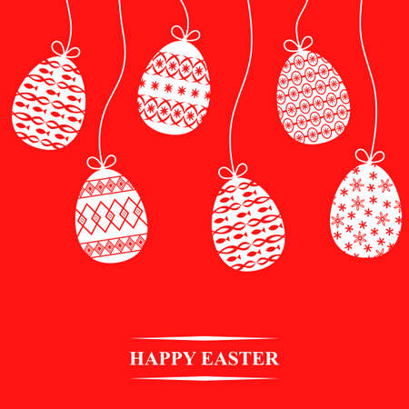 Vector illustrations of Easter greeting card with patterned eggs hang on red backgroundのイラスト素材