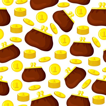 Vector illustrations of cartoon retro purse and coins pattern seamlessのイラスト素材