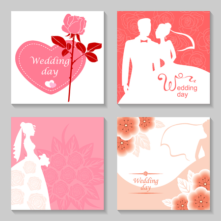 Vector illustrations of silhouette of bride and groom. Wedding day card setのイラスト素材
