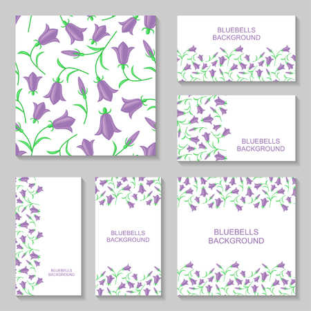 Vector illustrations of bluebells flowers business cars on white background. Bluebell background set. Bluebell flowers pattern seamlessのイラスト素材