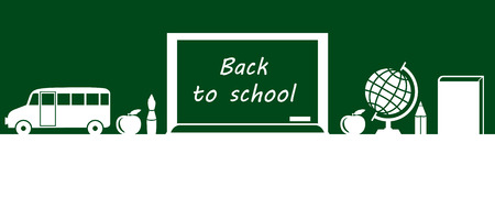 illustrations of back to school greeting banner with school board on green backgroundのイラスト素材
