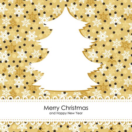 Vector illustrations of greeting Christmas card with white fir on gold snowflakes backgroundのイラスト素材