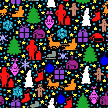 Vector illustrations of Christmas multicolor pattern seamless on black backgroundのイラスト素材