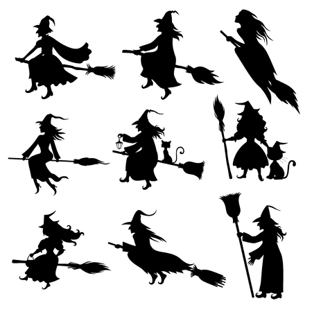 Illustrations of Halloween silhouette of witches with hats and brooms set.のイラスト素材