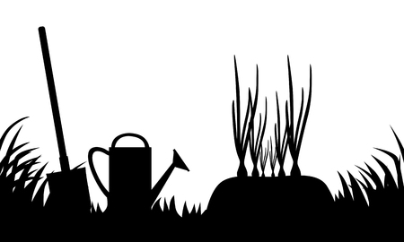 Vector illustrations of silhouette onions bed in the gardenのイラスト素材