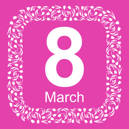 Vector illustrations of 8 March congratulatory card with tulips border on purple backgroundのイラスト素材