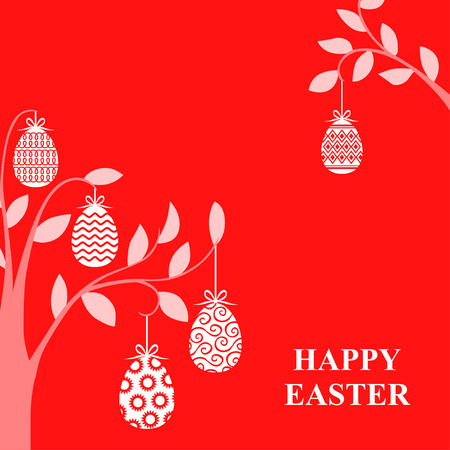 Vector illustrations of Easter decorative branches card on red backgroundのイラスト素材