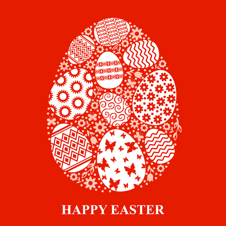 Vector illustrations of Easter greeting card with decorative egg of eggs on red backgroundのイラスト素材