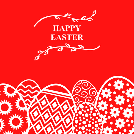 Vector illustrations of Easter decorative eggs card with willow branches on red backgroundのイラスト素材