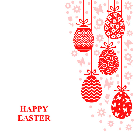 Vector illustrations of Easter decorative eggs hanging card with flowersのイラスト素材