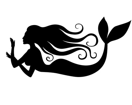 Vector illustrations of silhouette of mermaid with long curly hairのイラスト素材