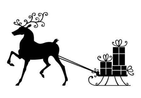 Vector illustrations of silhouette of a deer carrying a sled with giftsのイラスト素材