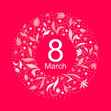 Vector illustrations of 8 March congratulatory card with tulip round ornament on pink backgroundのイラスト素材