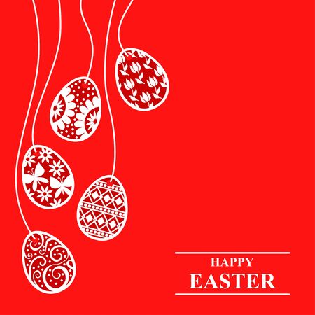 Vector illustrations of Easter greeting card with decorative eggs hang on red backgroundのイラスト素材