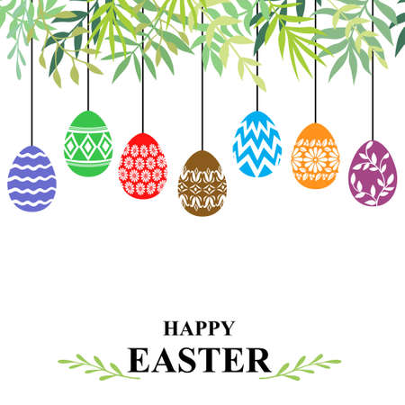 Vector illustrations of Easter card with decorative eggs hanging among branches with leaves