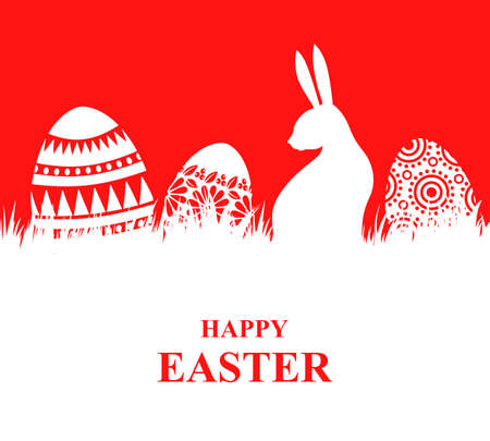 Vector illustrations of Easter card with decorative eggs on the grass and rabbit on red backgroundのイラスト素材