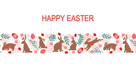 Vector illustrations of Easter greeting card horizontal design with bunnies, palm and eggs