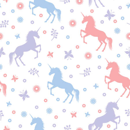 Vector illustrations of horned mycology beautiful unicorn reared up with flowers and butterflies pattern seamlessのイラスト素材