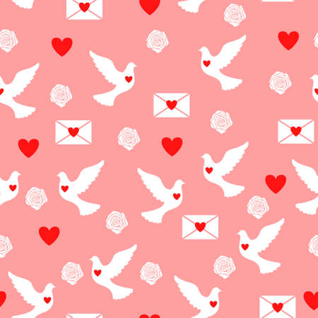 Vector illustrations of Valentines day pattern seamless with doves, hearts and messageのイラスト素材