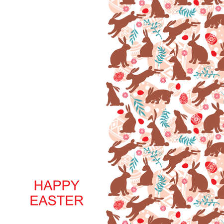 Vector illustrations of Easter greeting card vertical design with bunnies, palm and eggsのイラスト素材