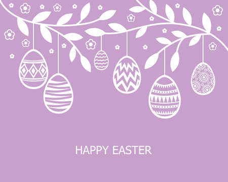 Vector illustrations of Easter card with eggs hanging on branches