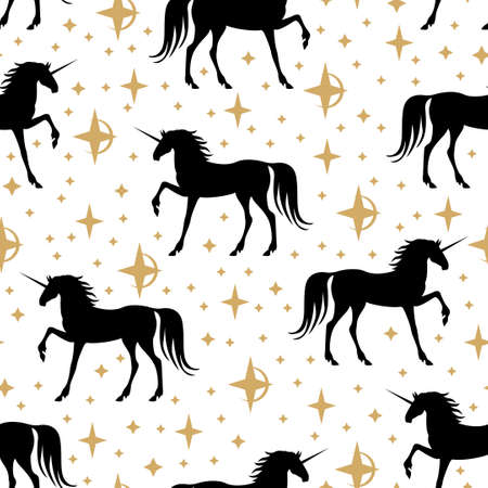 Vector illustrations of horned mycology beautiful unicorn with magical glare, sparks pattern seamlessのイラスト素材