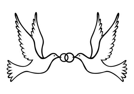 Vector illustrations pair of doves holding wedding rings iconのイラスト素材