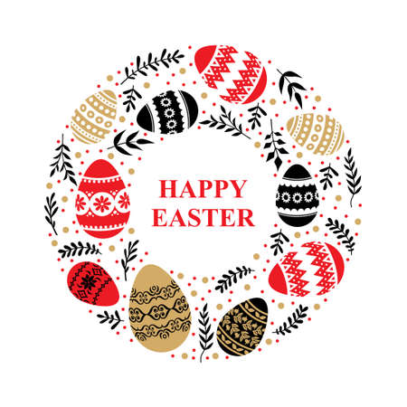 Vector illustrations of Easter card with decorative eggs and branches round designのイラスト素材