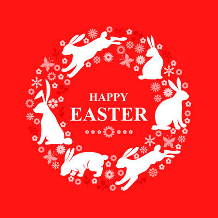 Vector illustrations of Easter greeting card with rabbits and decorative elementのイラスト素材