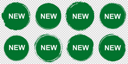 Set of green NEW round banners - brush painted circle on transparent backgroundのイラスト素材