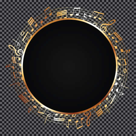 Golden round frame with music notes on dark backgroundのイラスト素材