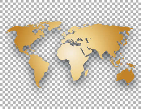 Gold world map with shadow on transparent backgroundのイラスト素材