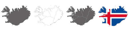 set of political maps of Iceland with regions and flag map isolated on white backgroundのイラスト素材