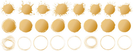 set of gold round brush painted ink stamp circle banner on transparent backgroundのイラスト素材