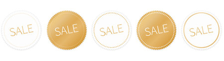 set of gold round sticker banners with SALE text on white backgroundのイラスト素材