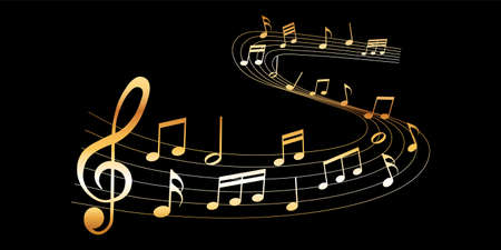 vector sheet music - gold musical notes melody on dark backgroundのイラスト素材