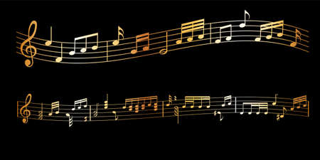 vector sheet music - gold musical notes melody on dark backgroundのイラスト素材