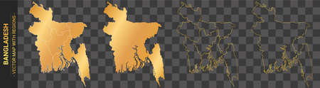 set of 4 gold political maps of Bangladesh with regions isolated on transparent backgroundのイラスト素材