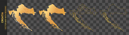 set of 4 gold political maps of Croatia with regions isolated on transparent backgroundのイラスト素材