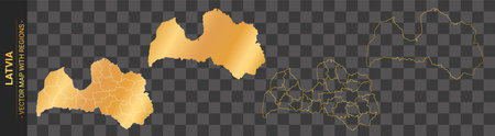 set of 4 gold political maps of Latvia with regions isolated on transparent backgroundのイラスト素材