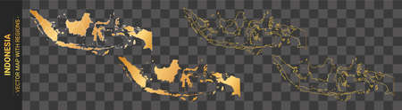 set of 4 gold political maps of Indonesia with regions isolated on transparent backgroundのイラスト素材