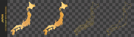 set of 4 gold political maps of Japan with regions isolated on transparent backgroundのイラスト素材