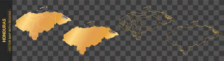 set of 4 gold political maps of Honduras with regions isolated on transparent backgroundのイラスト素材