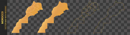 set of 4 gold political maps of Morocco with regions isolated on transparent backgroundのイラスト素材