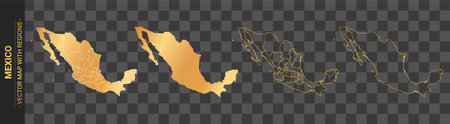 set of 4 gold political maps of Mexico with regions isolated on transparent backgroundのイラスト素材