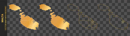 set of 4 gold political maps of Malta with regions isolated on transparent backgroundのイラスト素材