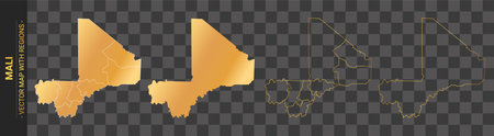 set of 4 gold political maps of Mali with regions isolated on transparent backgroundのイラスト素材