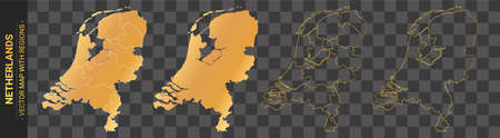set of 4 gold political maps of Netherlands with regions isolated on transparent backgroundのイラスト素材