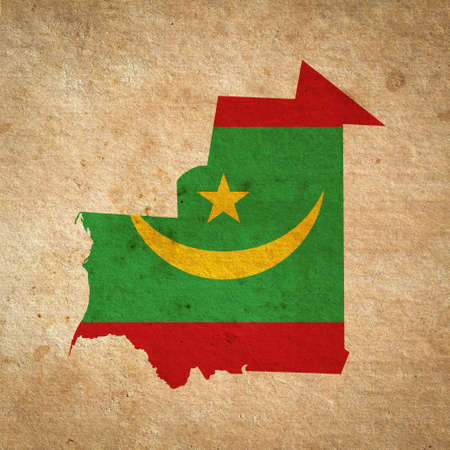 Map of Mauritania with flag painted on old grunge paperの写真素材