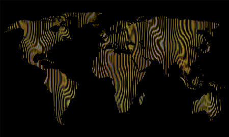 Vector illustration of striped gold colored world map on black background